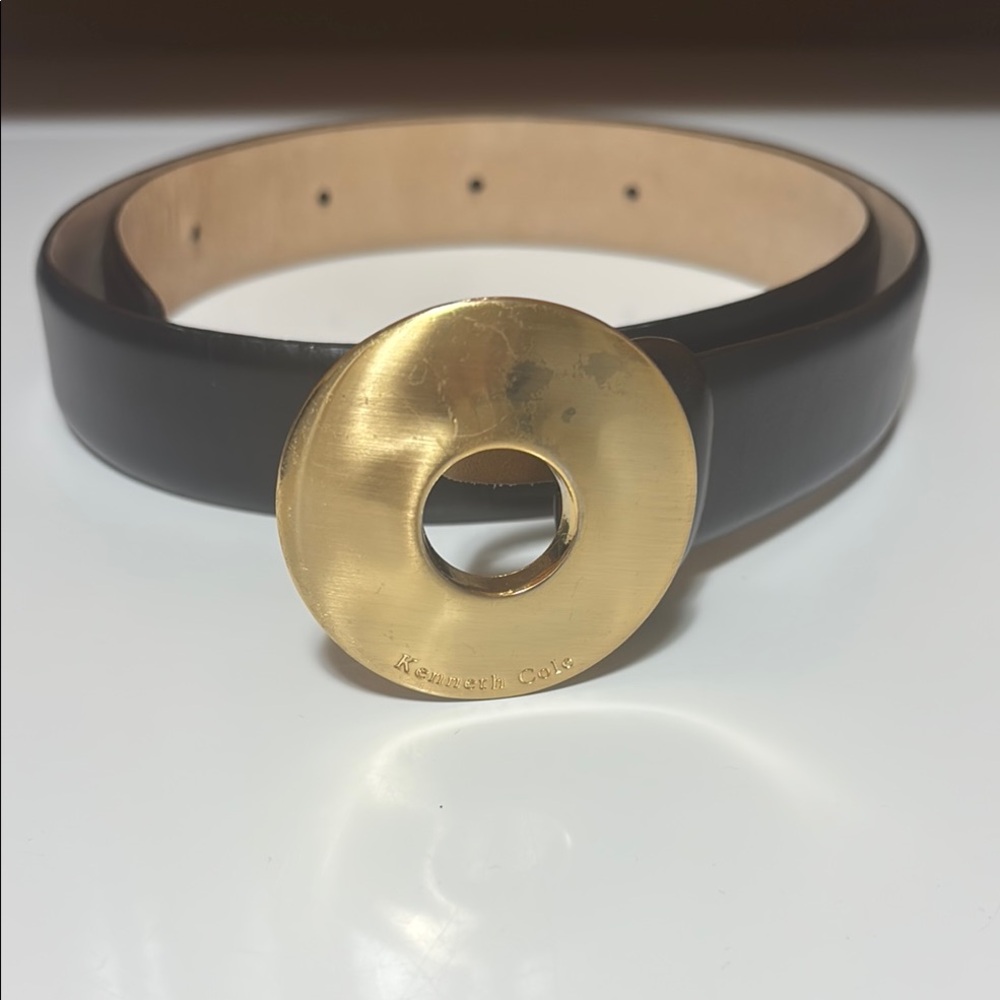 Kenneth Cole Black and Gold Belt with Circular Buckle- Medium